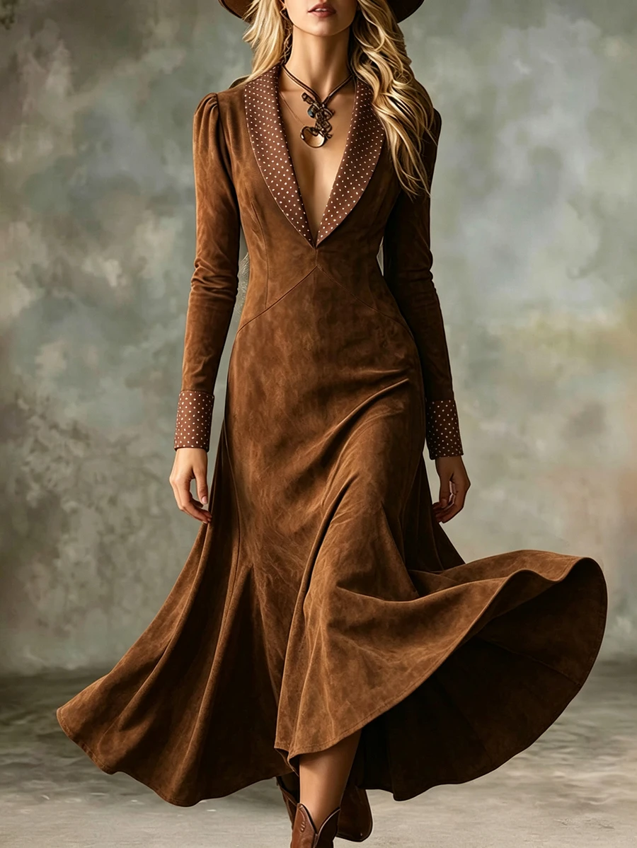 GlowEve Lady's Elegant Autumn Long Dress - Coffee Brown - View 1