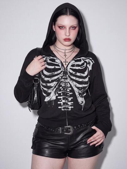 SHEIN ICON Women's Plus Size Retro Sexy Simple Casual Millennial Style Y2K Punk Gothic Street Bold Avant-Garde Skull Pattern Black Hooded Sweatshirt Halloween