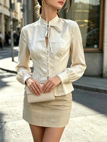SHEIN 女款素色立領休閒法式優雅百搭日常辦公茶會出遊襯衫 米色 秋季 教師節 - 杏色 - 查看 6