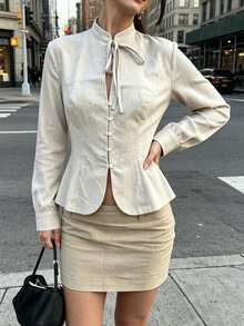 SHEIN 女款素色立領休閒法式優雅百搭日常辦公茶會出遊襯衫 米色 秋季 教師節 - 杏色 - 查看 5
