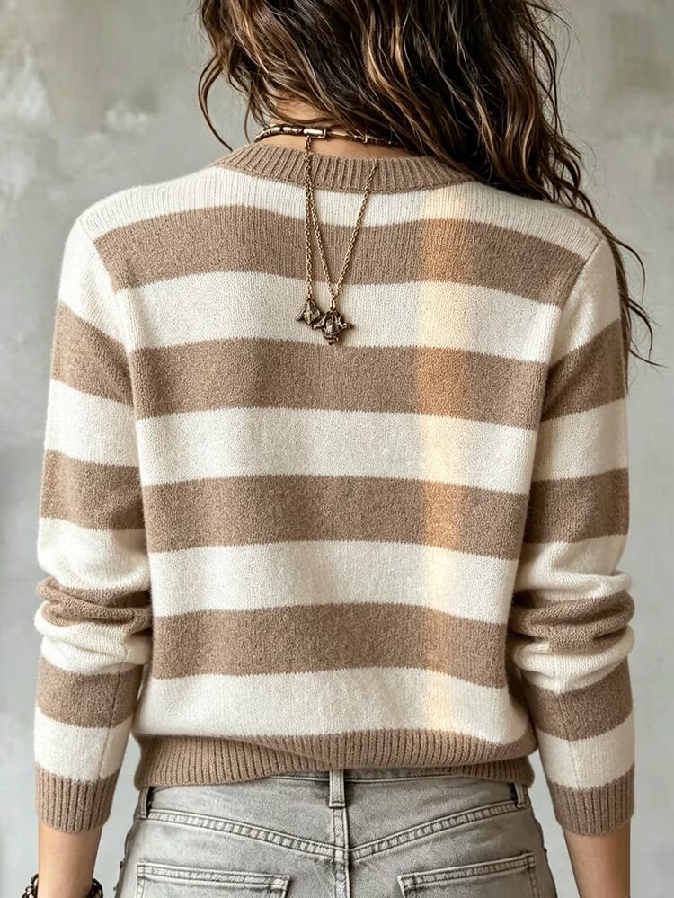 SHEIN Women's Minimalist Versatile Fashion Elegant Striped Cardigan - Brown - View 2