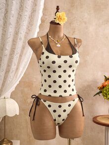 Bonvoyette Women's Summer Yellow & Brown Contrast Retro Polka Dot Halter Tie Tank Top And High Cut Tie Bikini Bottom Set - Yellow - View 3