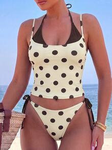 Bonvoyette Women's Summer Yellow & Brown Contrast Retro Polka Dot Halter Tie Tank Top And High Cut Tie Bikini Bottom Set - Yellow - View 5