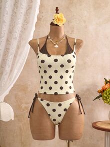 Bonvoyette Women's Summer Yellow & Brown Contrast Retro Polka Dot Halter Tie Tank Top And High Cut Tie Bikini Bottom Set - Yellow - View 4