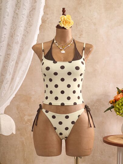 Bellisia Set da donna estivo con top a canotta con laccetti al collo e motivo a pois retrò in contrasto giallo & marrone e slip bikini con laccetti e taglio alto