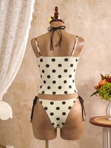 Bonvoyette Women's Summer Yellow & Brown Contrast Retro Polka Dot Halter Tie Tank Top And High Cut Tie Bikini Bottom Set - Yellow - View 2
