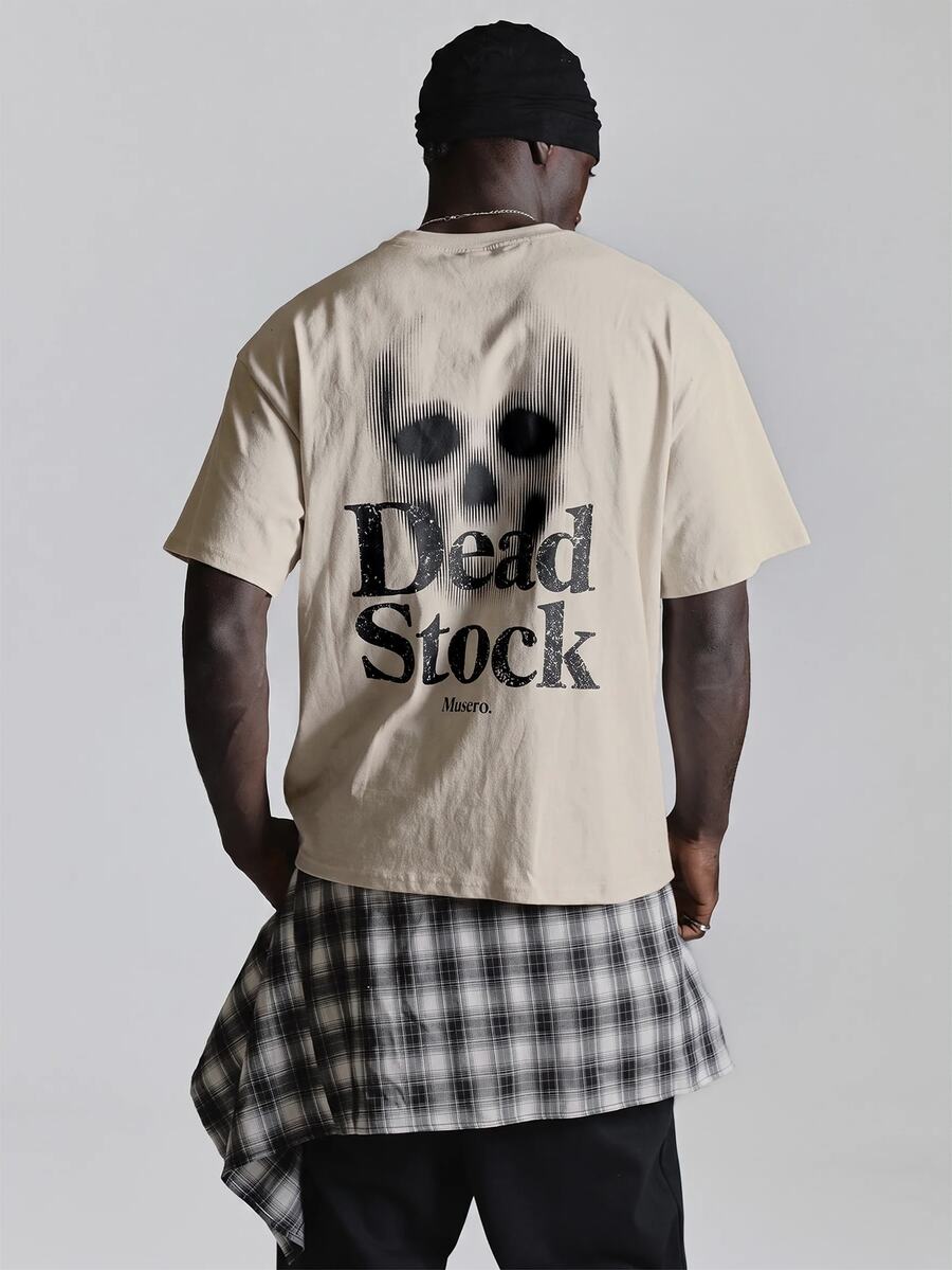 Musero Oversized Drop Shoulder Halloween Graphic Tshirt "Dead Stock" Crew Neck Autum Winter Essentials - Apricot - View 1