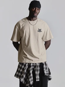 Musero Oversized Drop Shoulder Halloween Graphic Tshirt "Dead Stock" Crew Neck Autum Winter Essentials - Apricot - View 4