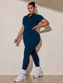 SHEIN Rhythm Era بدلة رياضية نسائية مقاس كبير بلون موحد مع سحاب أمامي وأكمام قصيرة - أزرق بحري - مشاهدة 4