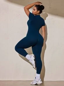 SHEIN Rhythm Era بدلة رياضية نسائية مقاس كبير بلون موحد مع سحاب أمامي وأكمام قصيرة - أزرق بحري - مشاهدة 2