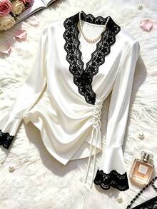 GlowEve Women's Elegant Commute Lace Patchwork Wrap Blouse - White - View 1