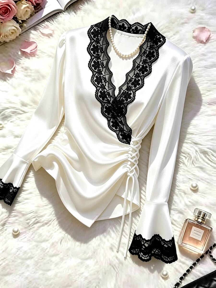 GlowEve Women's Elegant Commute Lace Patchwork Wrap Blouse - White - View 1