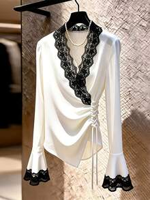 GlowEve Women's Elegant Commute Lace Patchwork Wrap Blouse - White - View 3