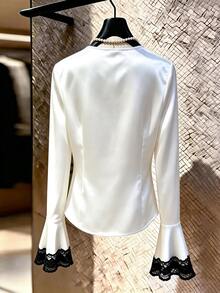 GlowEve Women's Elegant Commute Lace Patchwork Wrap Blouse - White - View 2