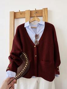 SHEIN LUNE Women's Solid Color Drop Shoulder Long Sleeve Single-Breasted Casual Knit Cardigan Office Burgundy Autumn - Burgundy - View 5