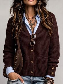 SHEIN LUNE Women's Solid Color Drop Shoulder Long Sleeve Single-Breasted Casual Knit Cardigan Office Burgundy Autumn - Burgundy - View 7