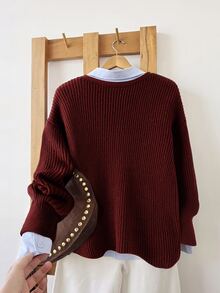 SHEIN LUNE Women's Solid Color Drop Shoulder Long Sleeve Single-Breasted Casual Knit Cardigan Office Burgundy Autumn - Burgundy - View 2