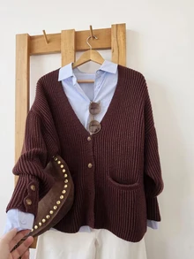 SHEIN LUNE Women's Solid Color Drop Shoulder Long Sleeve Single-Breasted Casual Knit Cardigan Office Burgundy Autumn - Burgundy - View 1
