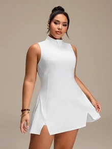 SHEIN Rhythm Era Women's Plus Size Solid Color Zipper Design Sleeveless Sports Dress With Shorts Golf Tennis White Summer - White - View 3
