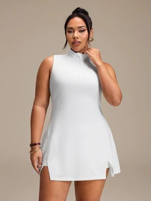 SHEIN Rhythm Era Women's Plus Size Solid Color Zipper Design Sleeveless Sports Dress With Shorts Golf Tennis White Summer - White - View 5