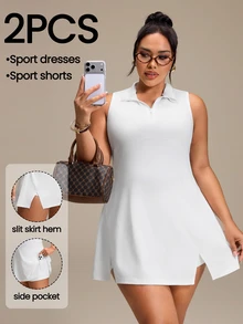 SHEIN Rhythm Era Women's Plus Size Solid Color Zipper Design Sleeveless Sports Dress With Shorts Golf Tennis White Summer - White - View 1