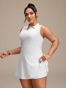 SHEIN Rhythm Era Women's Plus Size Solid Color Zipper Design Sleeveless Sports Dress With Shorts Golf Tennis White Summer - White - View 4