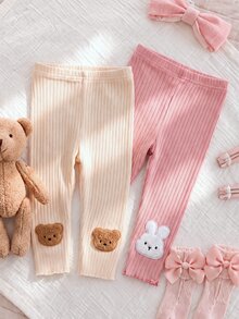 SHEIN 2件組女嬰幼兒羅紋內搭褲，可愛甜美優雅趣味，粉色米色熊兔貼花荷葉邊，常規款，生日居家派對秋季穿搭 - 彩色 - 查看 9