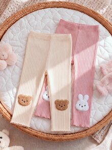 SHEIN 2件組女嬰幼兒羅紋內搭褲，可愛甜美優雅趣味，粉色米色熊兔貼花荷葉邊，常規款，生日居家派對秋季穿搭 - 彩色 - 查看 10