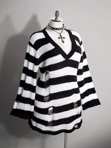SHEIN ICON Plus Size Retro Grunge Goth Sexy Simple Casual Millennial Style Y2K Punk Gothic Black And White Striped Ripped Deep V-Neck Flared Sleeve Sweater Dress - Black and White - View 5