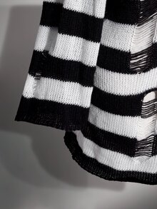 SHEIN ICON Plus Size Retro Grunge Goth Sexy Simple Casual Millennial Style Y2K Punk Gothic Black And White Striped Ripped Deep V-Neck Flared Sleeve Sweater Dress - Black and White - View 7