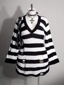 SHEIN ICON Plus Size Retro Grunge Goth Sexy Simple Casual Millennial Style Y2K Punk Gothic Black And White Striped Ripped Deep V-Neck Flared Sleeve Sweater Dress - Black and White - View 4