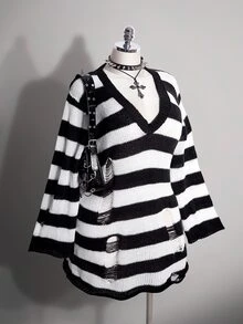 SHEIN ICON Plus Size Retro Grunge Goth Sexy Simple Casual Millennial Style Y2K Punk Gothic Black And White Striped Ripped Deep V-Neck Flared Sleeve Sweater Dress - Black and White - View 1