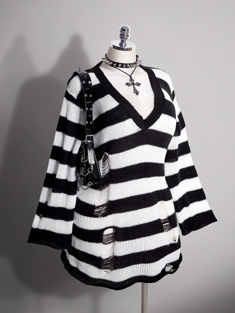 SHEIN ICON Plus Size Retro Grunge Goth Sexy Simple Casual Millennial Style Y2K Punk Gothic Black And White Striped Ripped Deep V-Neck Flared Sleeve Sweater Dress - Black and White - View 1