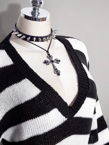 SHEIN ICON Plus Size Retro Grunge Goth Sexy Simple Casual Millennial Style Y2K Punk Gothic Black And White Striped Ripped Deep V-Neck Flared Sleeve Sweater Dress - Black and White - View 6