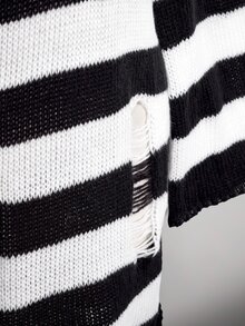 SHEIN ICON Plus Size Retro Grunge Goth Sexy Simple Casual Millennial Style Y2K Punk Gothic Black And White Striped Ripped Deep V-Neck Flared Sleeve Sweater Dress - Black and White - View 8