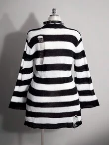 SHEIN ICON Plus Size Retro Grunge Goth Sexy Simple Casual Millennial Style Y2K Punk Gothic Black And White Striped Ripped Deep V-Neck Flared Sleeve Sweater Dress - Black and White - View 2