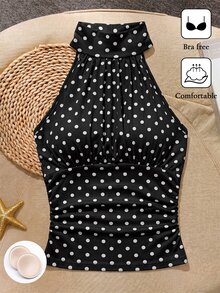 SHEIN Franclia 夏季波點時尚上衣，附內墊胸杯，女款海灘度假休閒穿搭，辦公室上衣，夏季經典時尚 - 黑色 - 查看 2