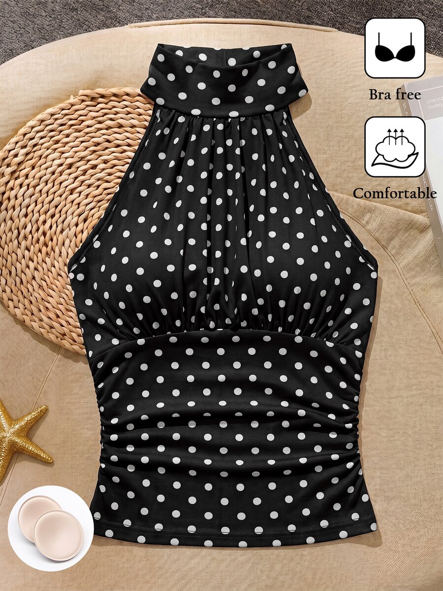 SHEIN Franclia 夏季波點時尚上衣，附內墊胸杯，女款海灘度假休閒穿搭，辦公室上衣，夏季經典時尚