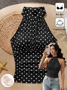 SHEIN Franclia 夏季波點時尚上衣，附內墊胸杯，女款海灘度假休閒穿搭，辦公室上衣，夏季經典時尚 - 黑色 - 查看 4