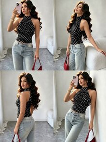 SHEIN Franclia 夏季波點時尚上衣，附內墊胸杯，女款海灘度假休閒穿搭，辦公室上衣，夏季經典時尚 - 黑色 - 查看 6