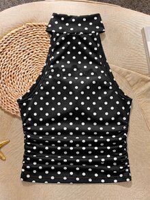 SHEIN Franclia 夏季波點時尚上衣，附內墊胸杯，女款海灘度假休閒穿搭，辦公室上衣，夏季經典時尚 - 黑色 - 查看 3