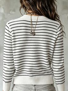 SHEIN Franclia 女款極簡百搭時尚優雅條紋開襟衫 - 黑與白 - 查看 3