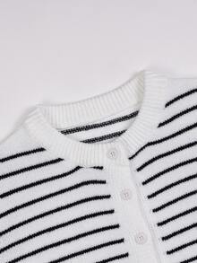 SHEIN Franclia 女款極簡百搭時尚優雅條紋開襟衫 - 黑與白 - 查看 6