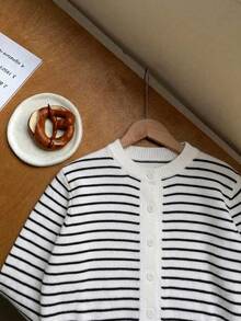 SHEIN Franclia 女款極簡百搭時尚優雅條紋開襟衫 - 黑與白 - 查看 4