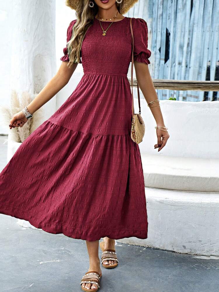 Breezaya Women's Round Neck Short Sleeve Shirred Dress Burgundy Maxi Women Outfit - Burgundy - View 4