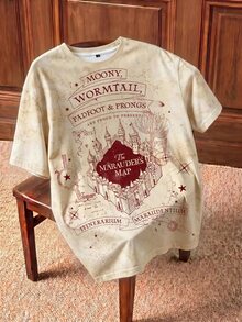 HARRY POTTER X SHEIN Women's Summer Casual Castle Print T-Shirt - White - View 5