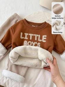 SHEIN 男嬰幼兒 2件組秋冬休閒可愛保暖內裡加厚運動衫套裝，嬰兒冬季服飾套裝，復古運動服 - 棕色 - 查看 2
