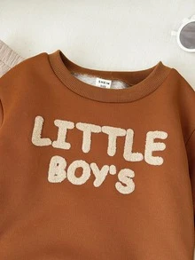 SHEIN 男嬰幼兒 2件組秋冬休閒可愛保暖內裡加厚運動衫套裝，嬰兒冬季服飾套裝，復古運動服 - 棕色 - 查看 8