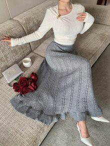 Modelyn Women's Elastic Waist Cable Knit Casual Midi Skirt - Grey - View 3