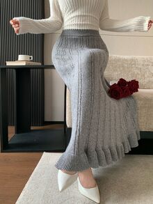 Modelyn Women's Elastic Waist Cable Knit Casual Midi Skirt - Grey - View 6